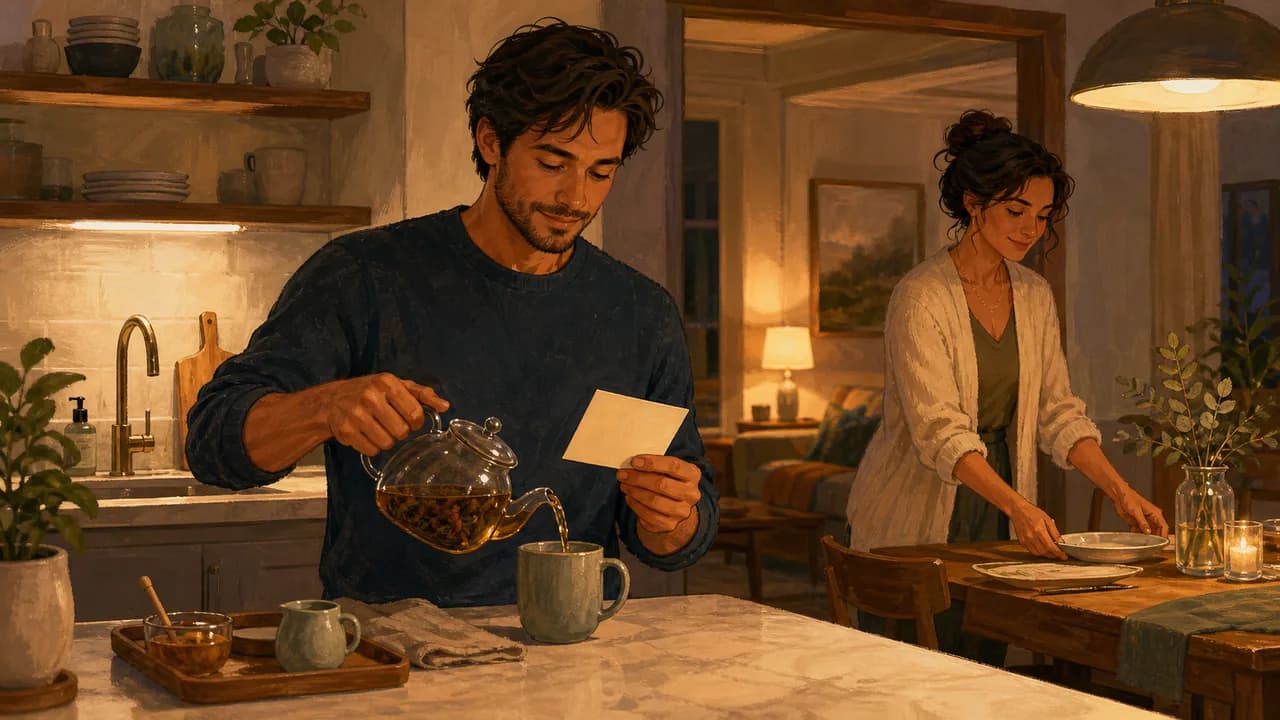 An adult prepares tea and a simple next-day note while a supportive relative tidies a softly lit Palm Beach kitchen