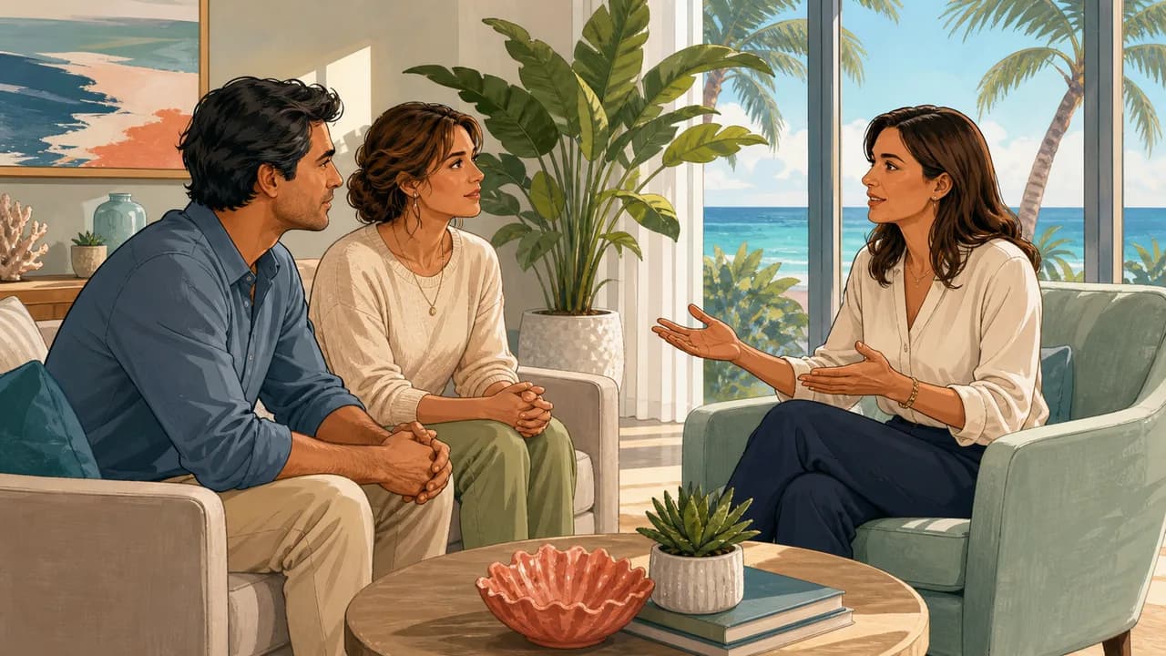 An adult and family member ask an admissions professional about communication during residential treatment