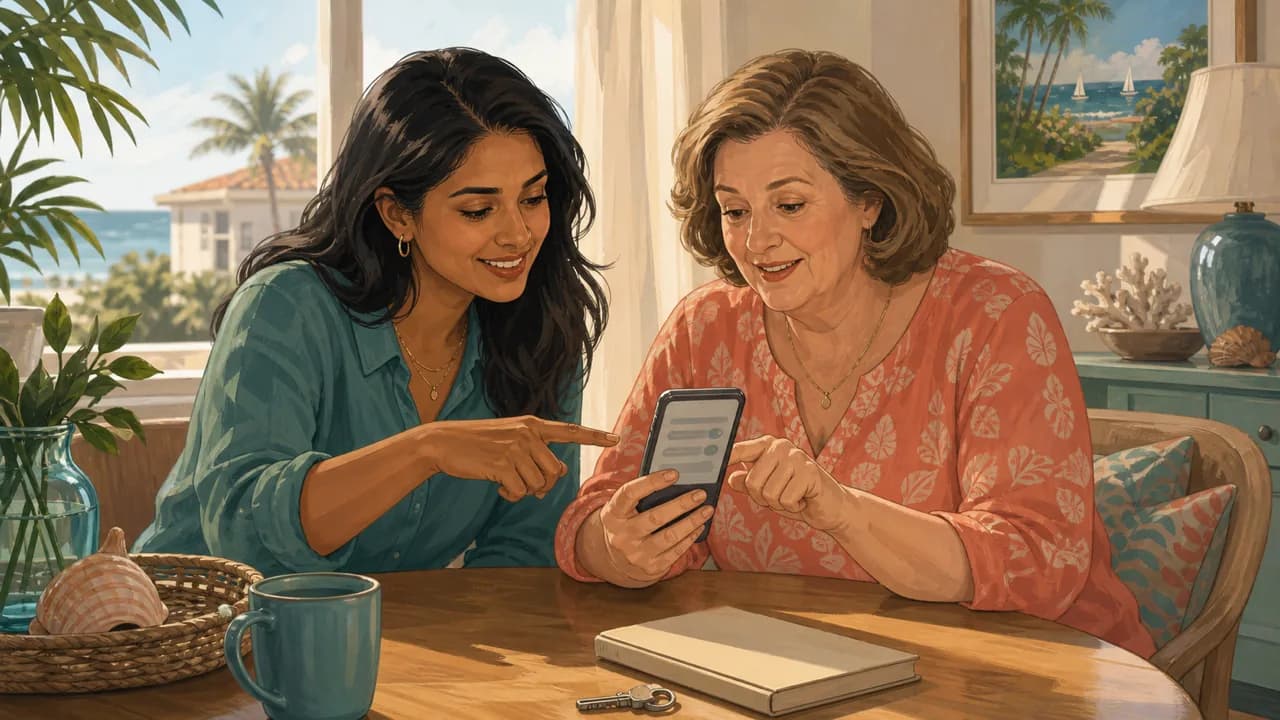 Two adults adjust privacy settings on a phone at a sunlit dining table
