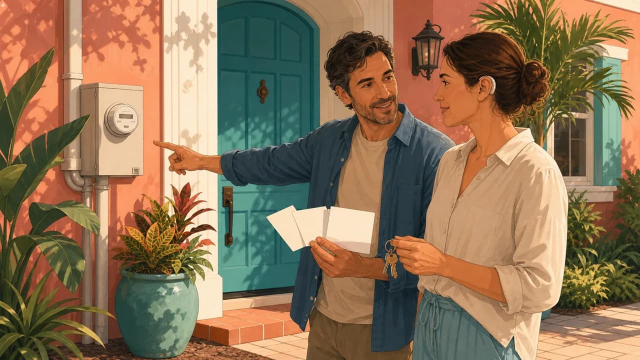 Two adults review blank home-care cards beside a Palm Beach townhouse entry