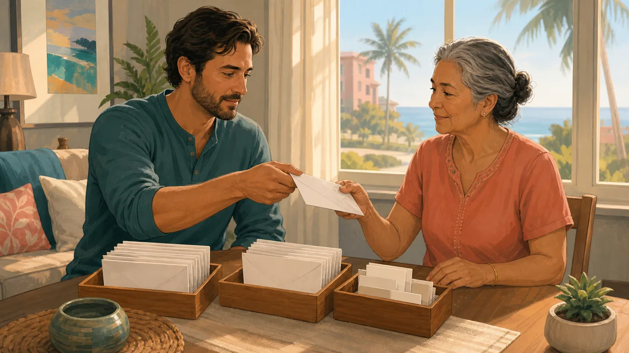 Two adults organize blank envelopes and due-date cards beside a Palm Beach apartment window