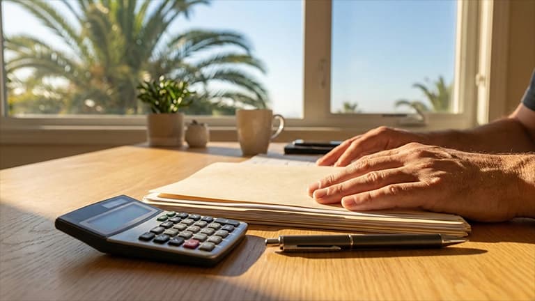 Hands reviewing paperwork beside a calculator on a sunlit desk