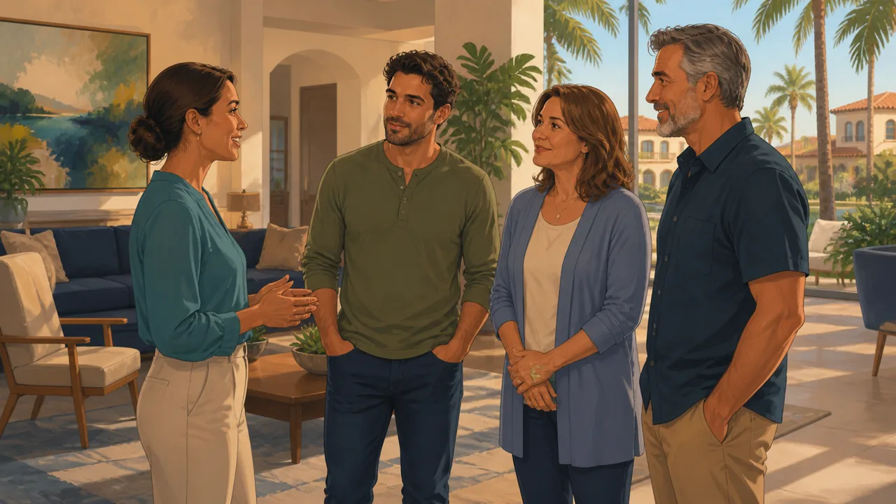 An adult and two supportive family members speak with an orientation coordinator in a welcoming residential setting