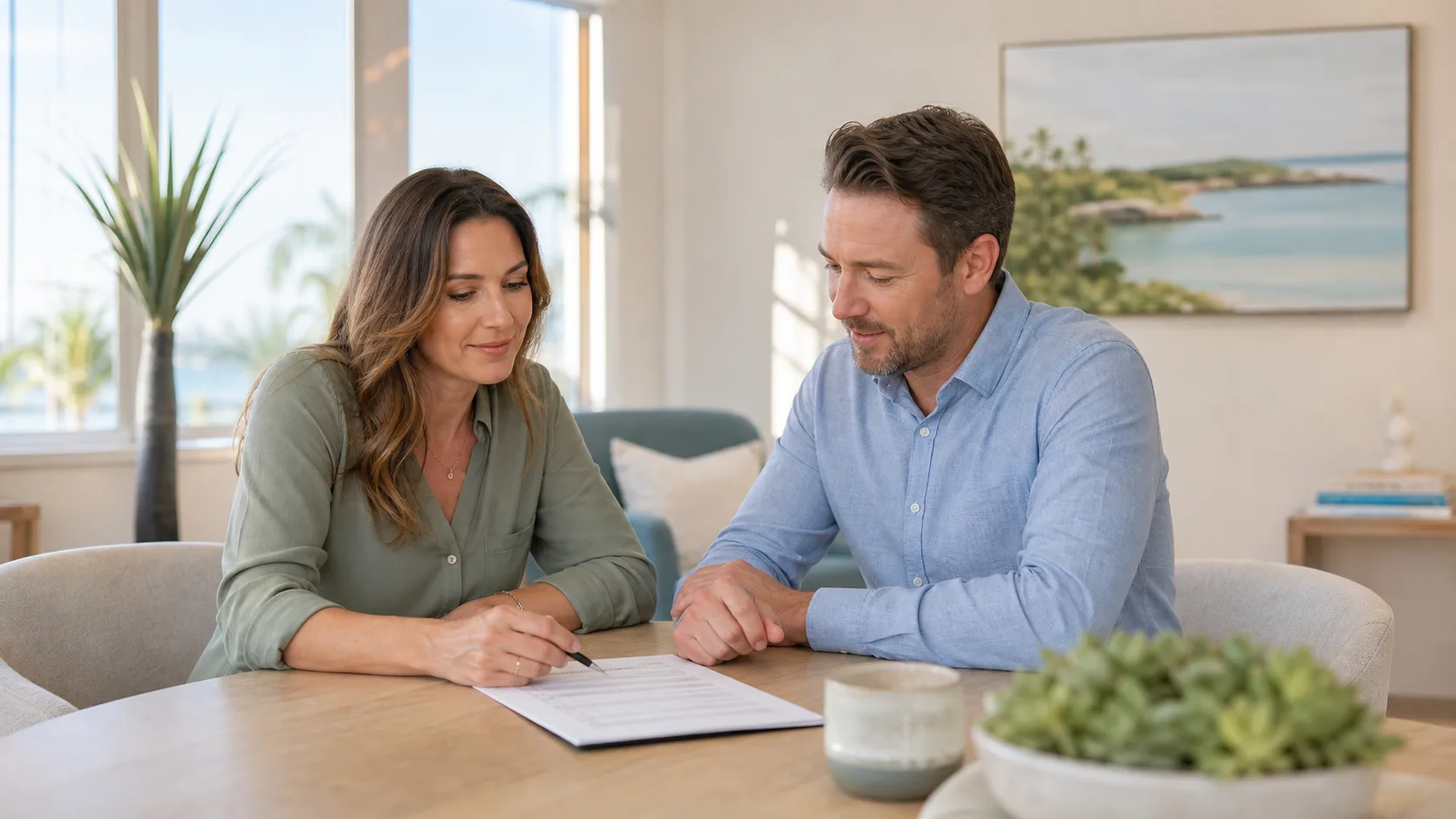 Two adults calmly reviewing an admissions checklist in a bright Palm Beach office
