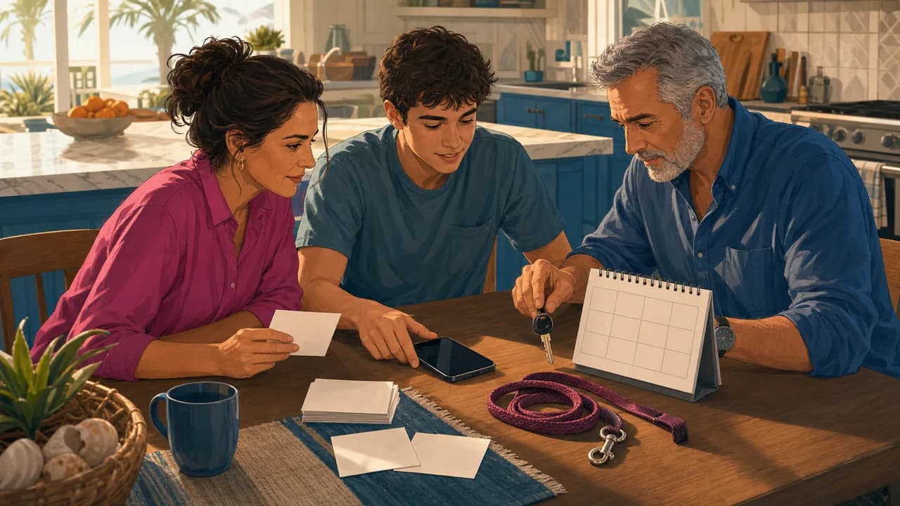 Three family members calmly preparing questions together at a kitchen table