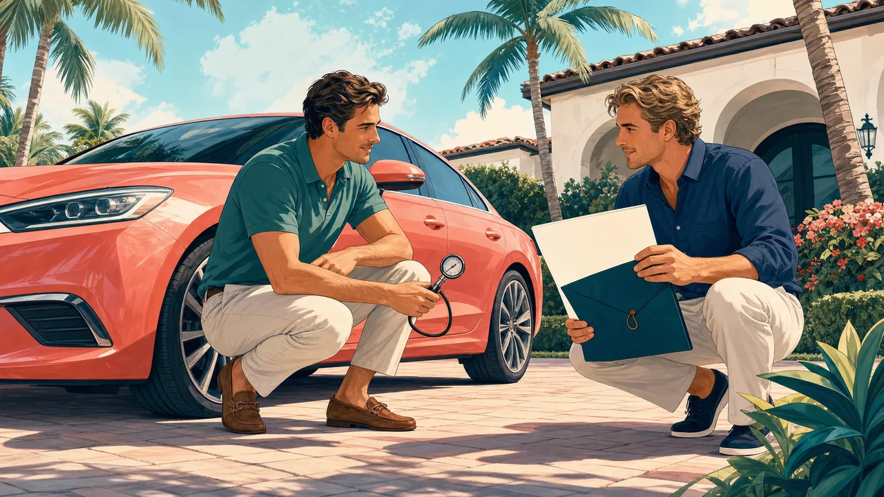 A car owner and trusted friend review a tire gauge, blank condition sheet, and sealed document folder beside a parked vehicle