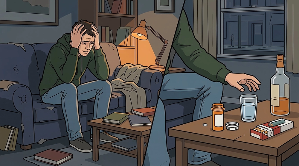 A person in therapy discussing PTSD and substance use disorder treatment options