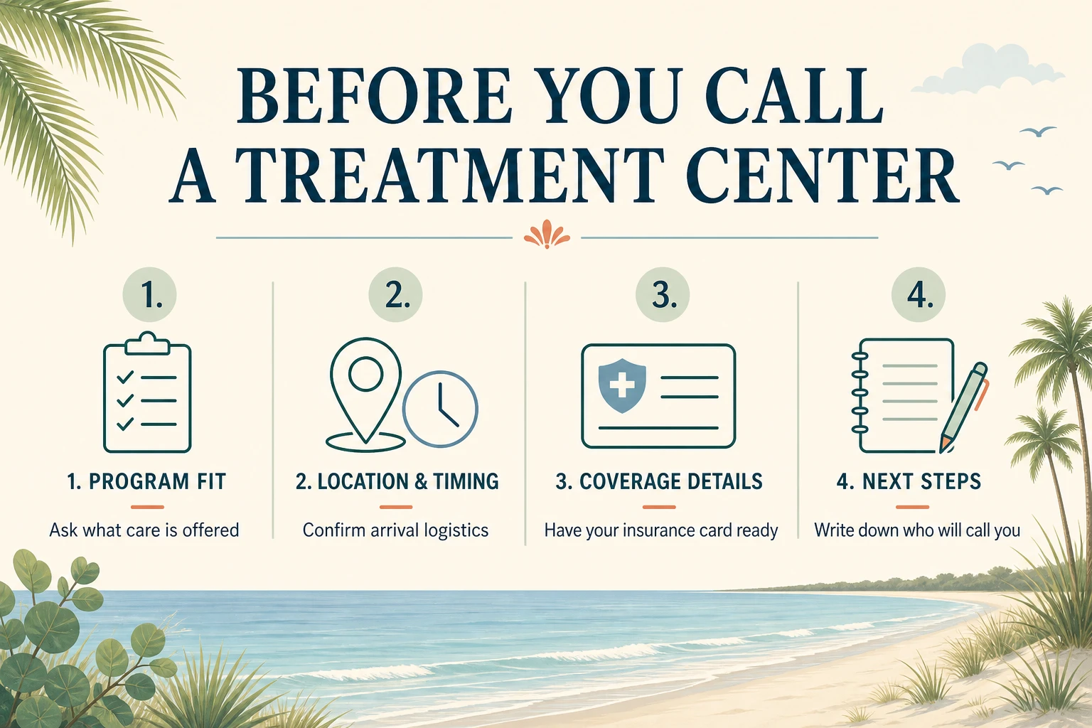 Four things to confirm before calling a treatment center: program fit, location and timing, coverage details, and next steps