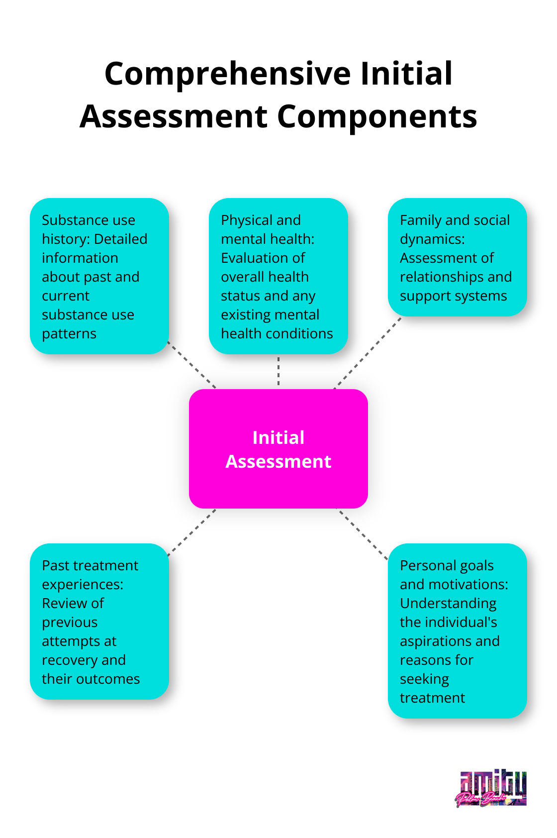 Hub and spoke chart showing key components of the Comprehensive Initial Assessment for personalized addiction counseling