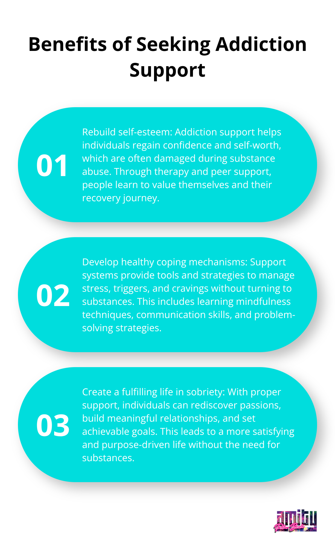 An ordered list chart showing three key benefits of seeking addiction support: rebuilding self-esteem, developing healthy coping mechanisms, and creating a fulfilling life in sobriety.