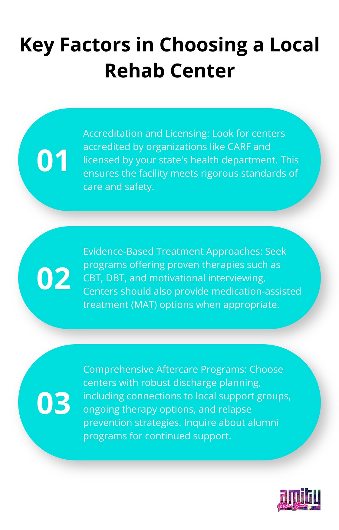 Ordered list chart showing three key factors to consider when choosing a local rehab center: Accreditation and Licensing, Evidence-Based Treatment Approaches, and Comprehensive Aftercare Programs. - addiction treatment near me