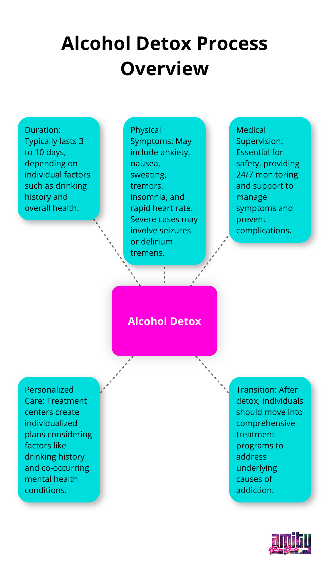 Hub and spoke chart showing the alcohol detox process with duration and key aspects