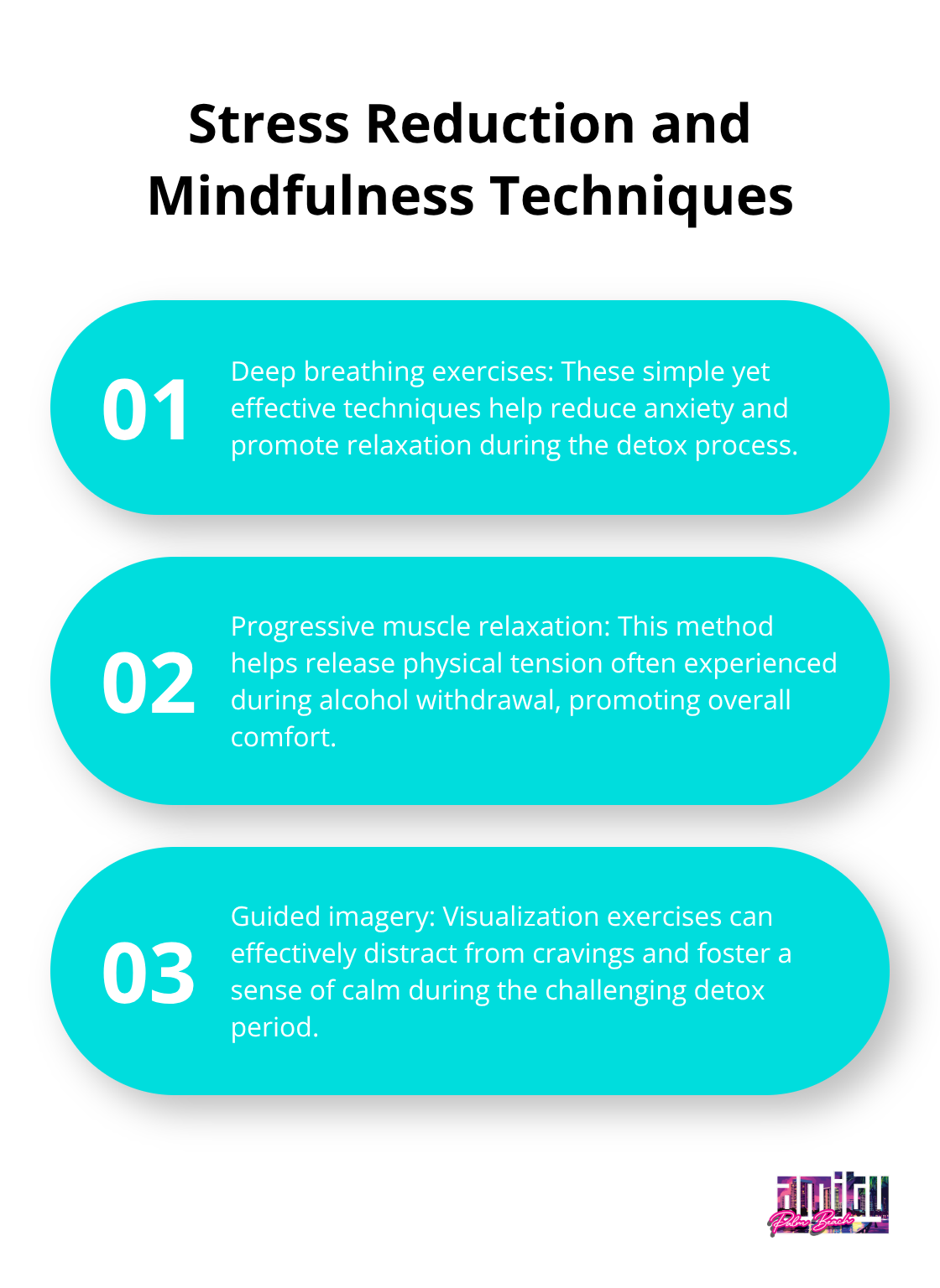 Ordered list of four stress reduction and mindfulness techniques used during alcohol detox
