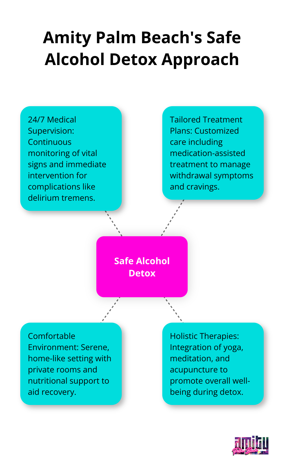 Hub and spoke chart illustrating Amity Palm Beach's key aspects of safe alcohol detox - alcohol detox Boca Raton