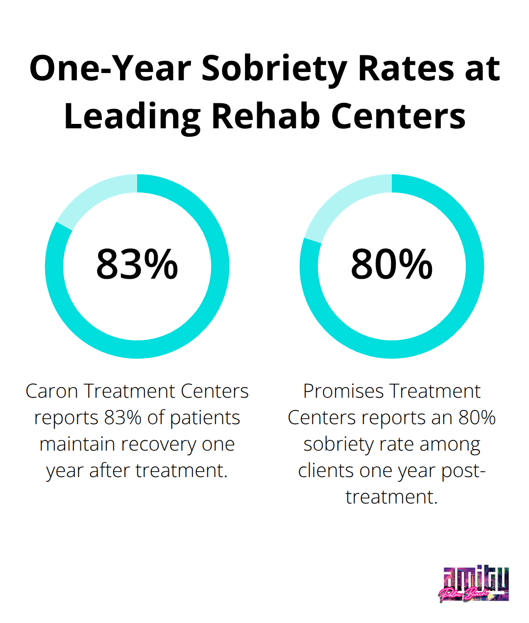 A percentage chart showing the one-year sobriety rates for Caron Treatment Centers (83%) and Promises Treatment Centers (80%). - best drug rehab centers in america