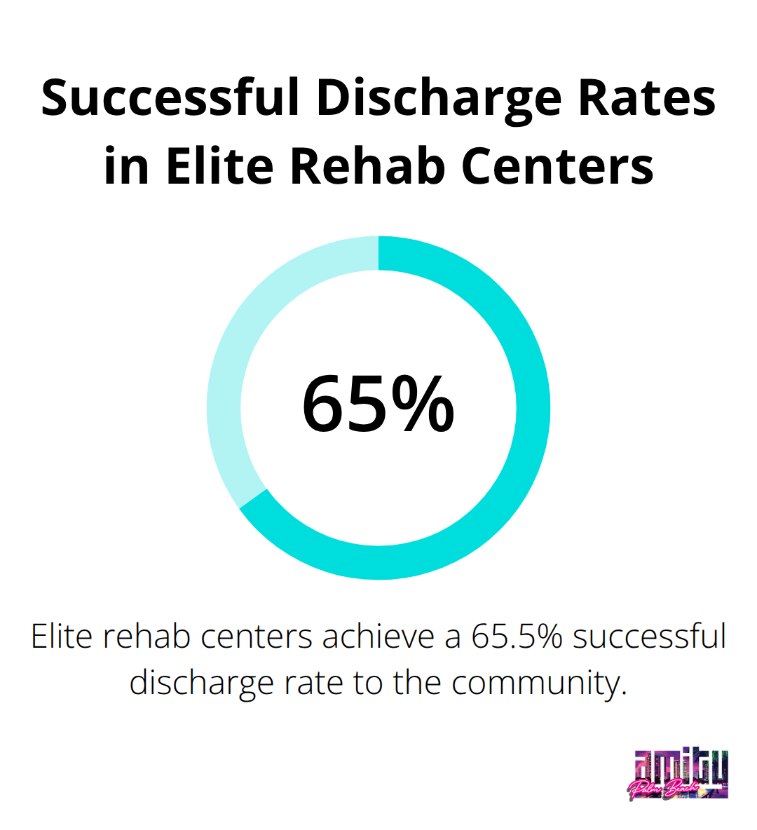 A percentage chart showing 65.5% successful discharge rate to the community for elite rehab centers using personalized treatment plans.