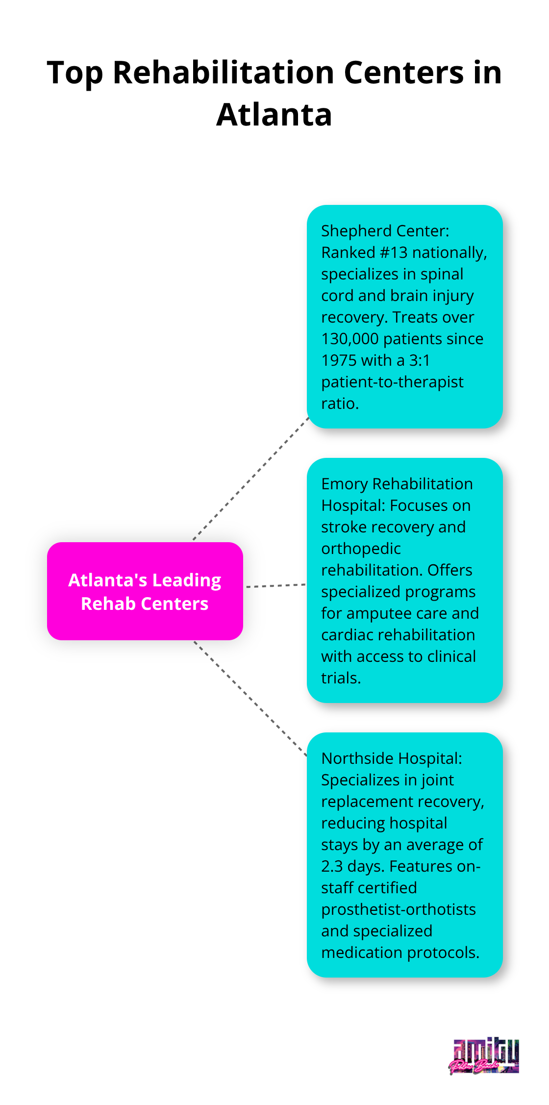 A hub and spoke chart showing the top three rehabilitation centers in Atlanta: Shepherd Center, Emory Rehabilitation Hospital, and Northside Hospital, along with their specialties and key features. - best inpatient physical rehab centers in atlanta