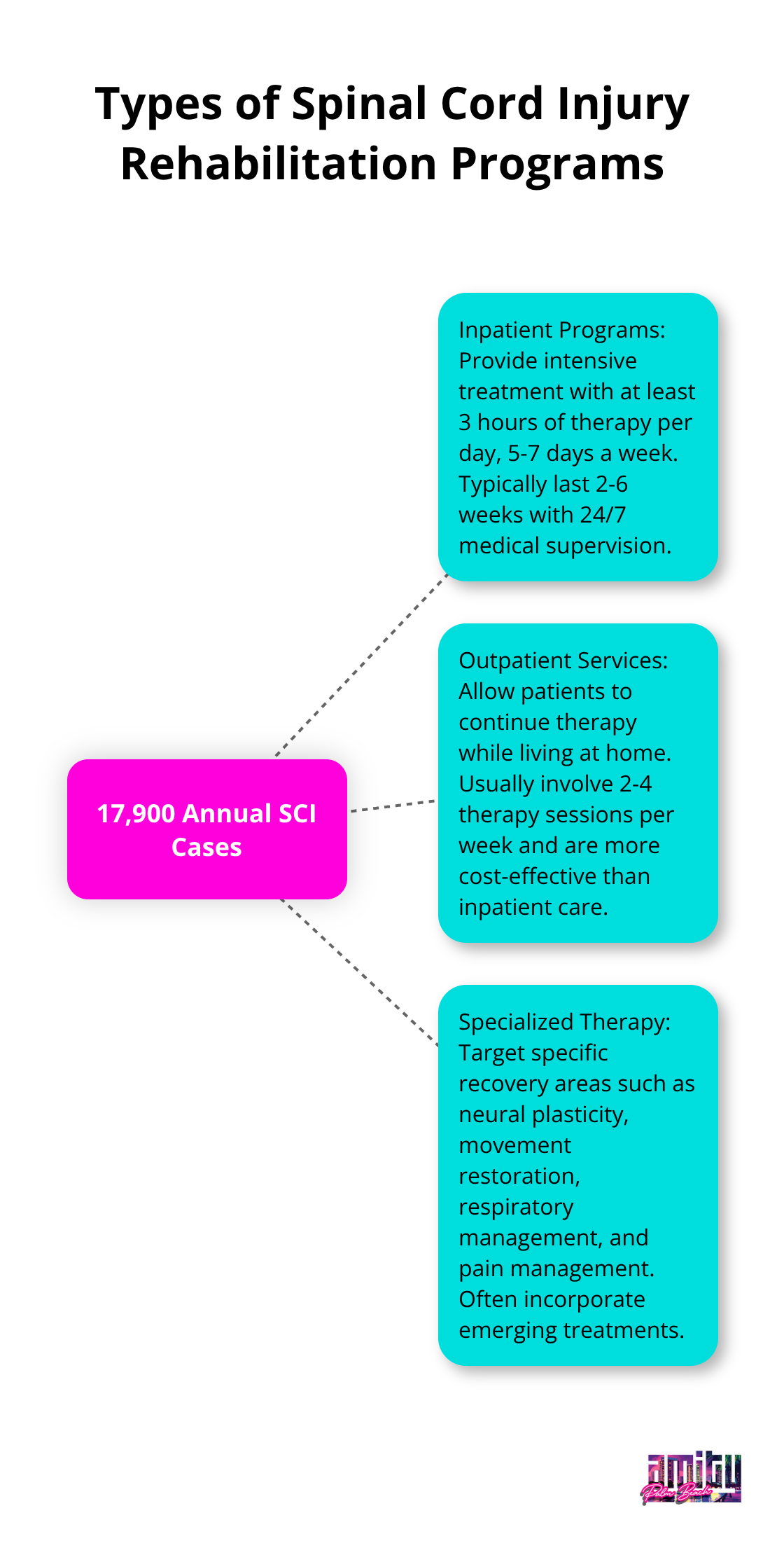 Hub and spoke chart showing three types of spinal cord injury rehabilitation programs: Inpatient Programs, Outpatient Services, and Specialized Therapy, centered around 17,900 annual SCI cases.