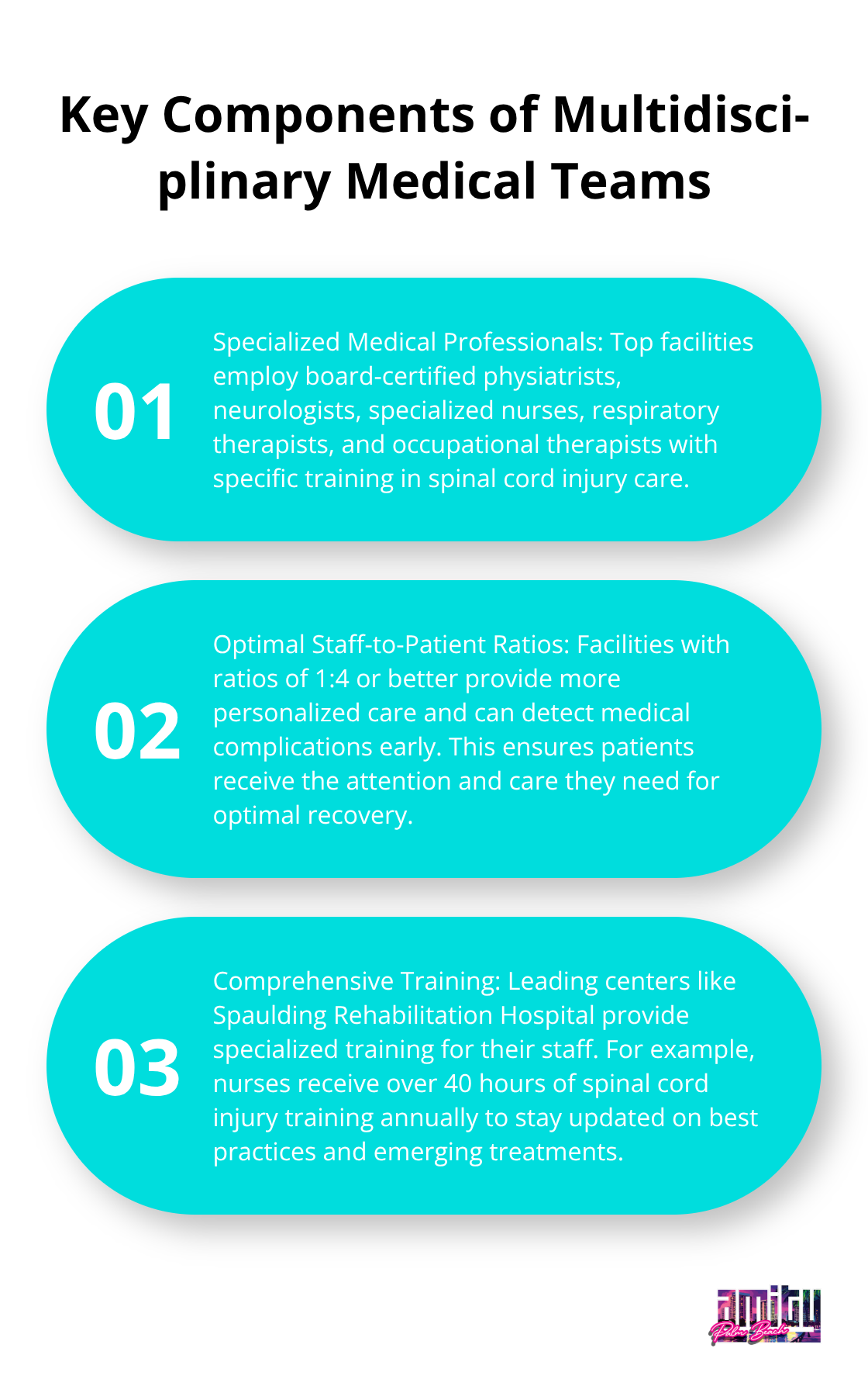 Ordered list chart showing three key components of multidisciplinary medical teams in spinal cord injury rehabilitation: Specialized Medical Professionals, Optimal Staff-to-Patient Ratios, and Comprehensive Training. - best spinal cord injury rehab centers