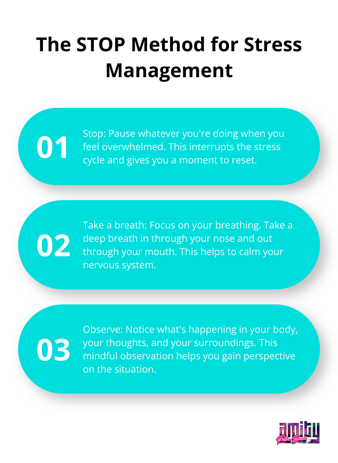 Ordered list chart explaining the four steps of the STOP method: Stop, Take a breath, Observe, Proceed - coping skills