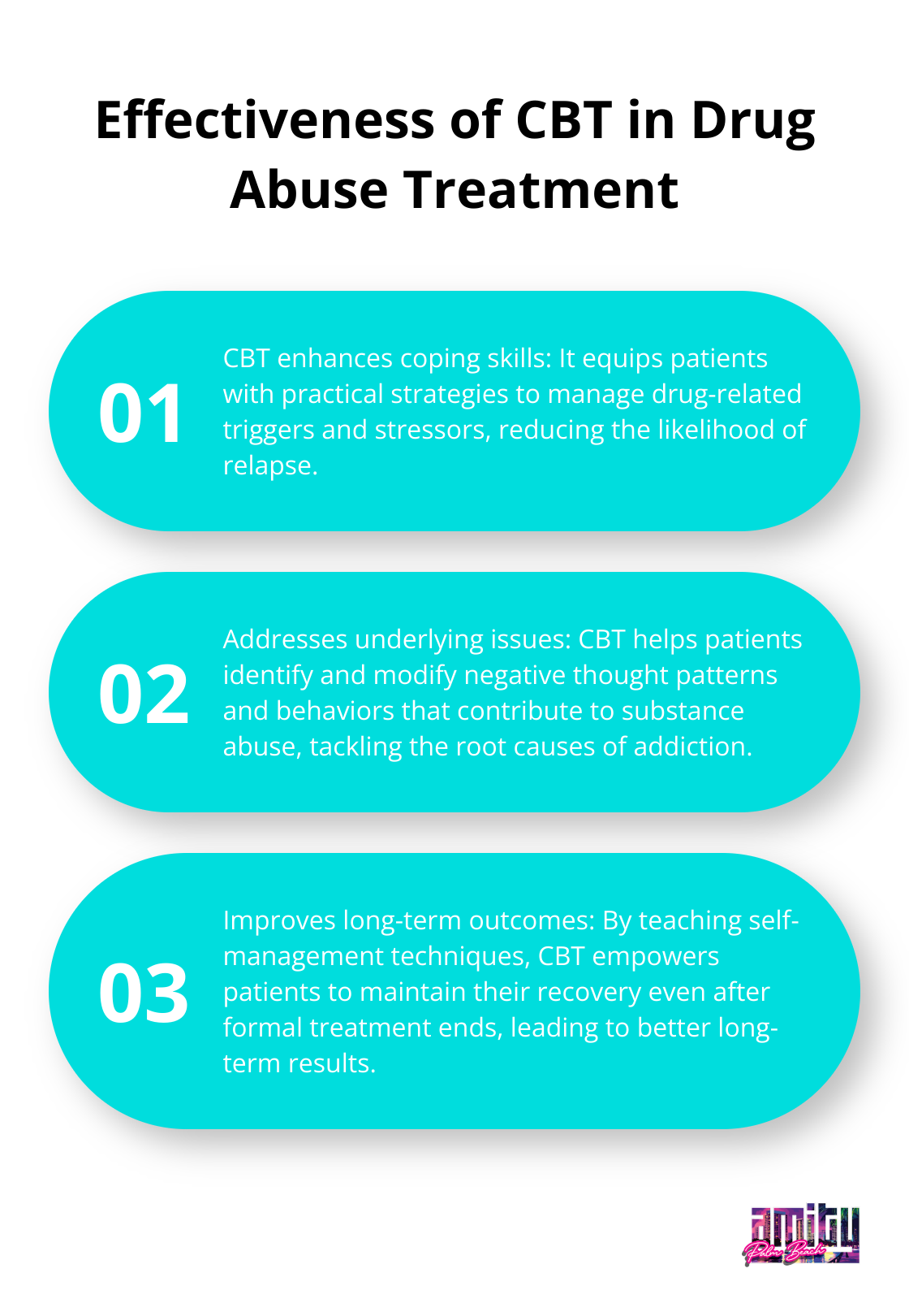 Ordered list chart highlighting three key aspects of Cognitive Behavioral Therapy's effectiveness in treating drug abuse disorders.