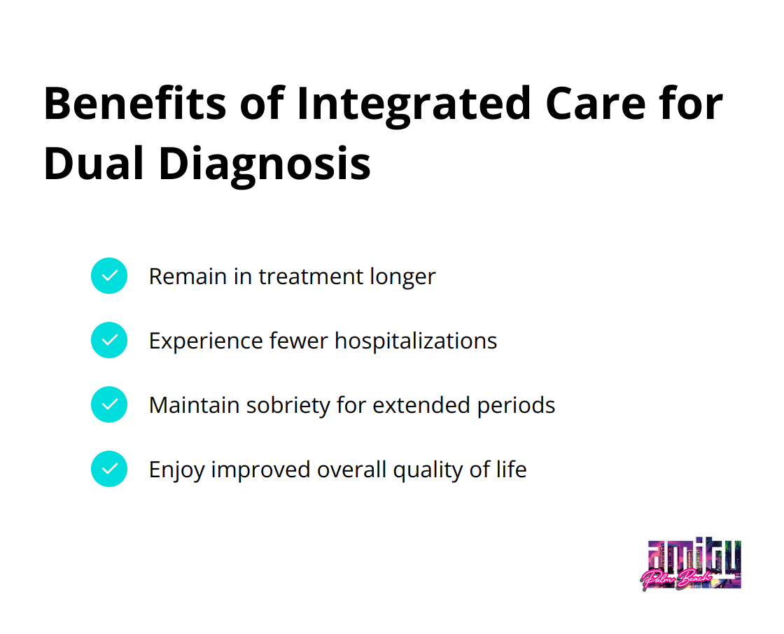 Checkmark list showing four key benefits of integrated care for dual diagnosis: longer treatment retention, fewer hospitalizations, extended sobriety, and improved quality of life