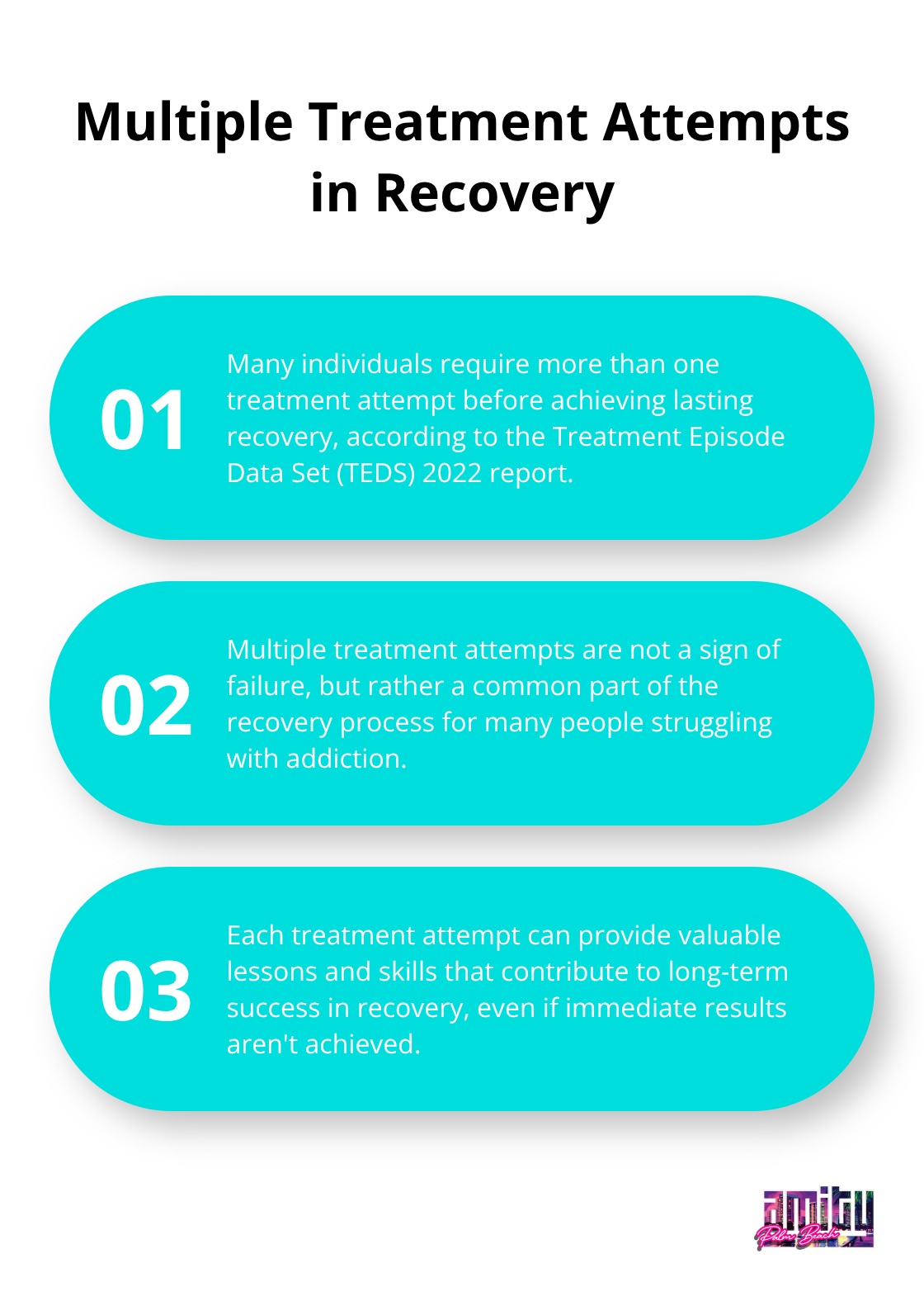 Chart showing three key points about multiple treatment attempts in addiction recovery - encouragement addiction recovery quotes