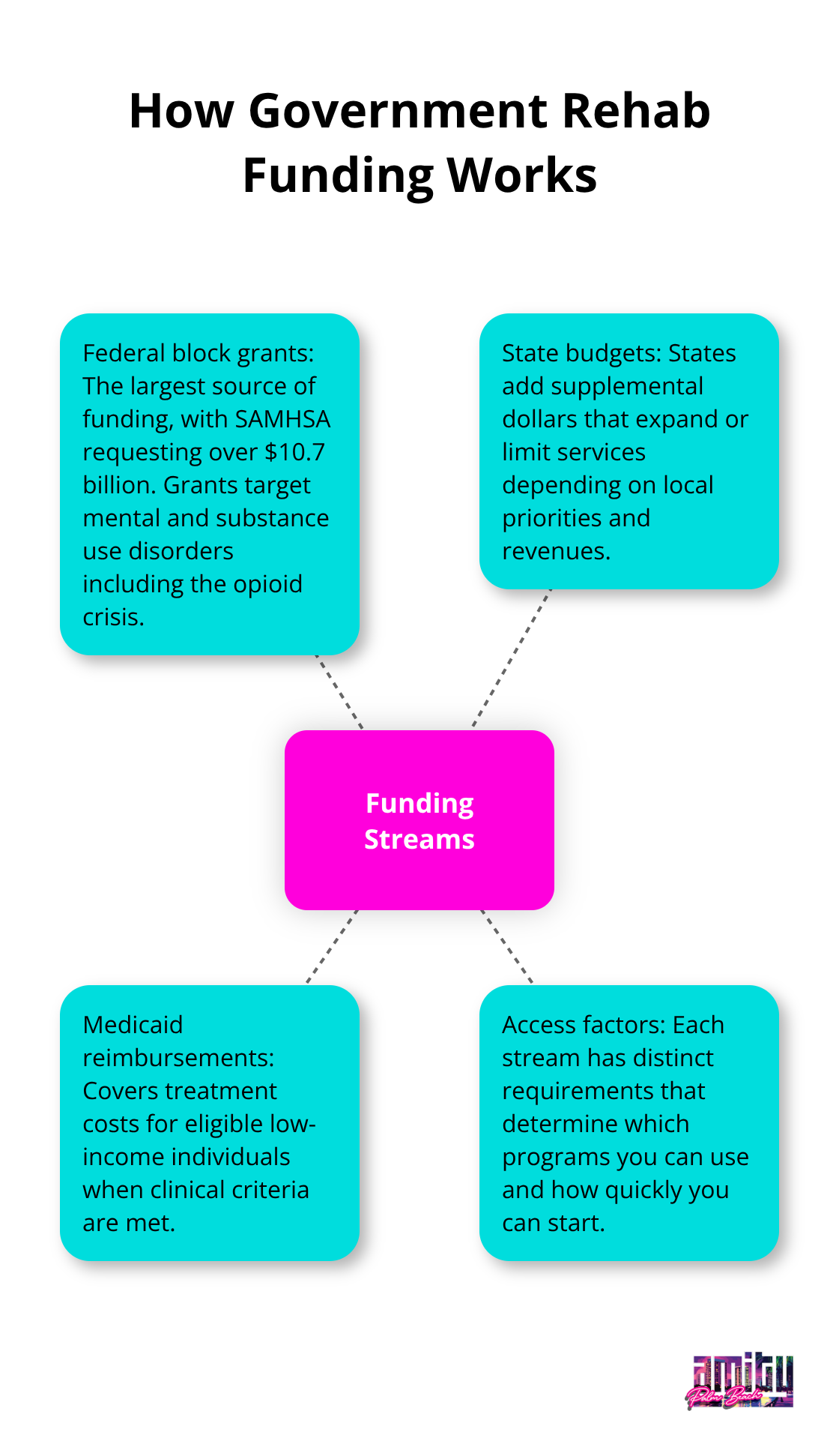 Infographic showing the three primary funding streams for U.S. government-funded rehab programs. - government funded drug rehab programs