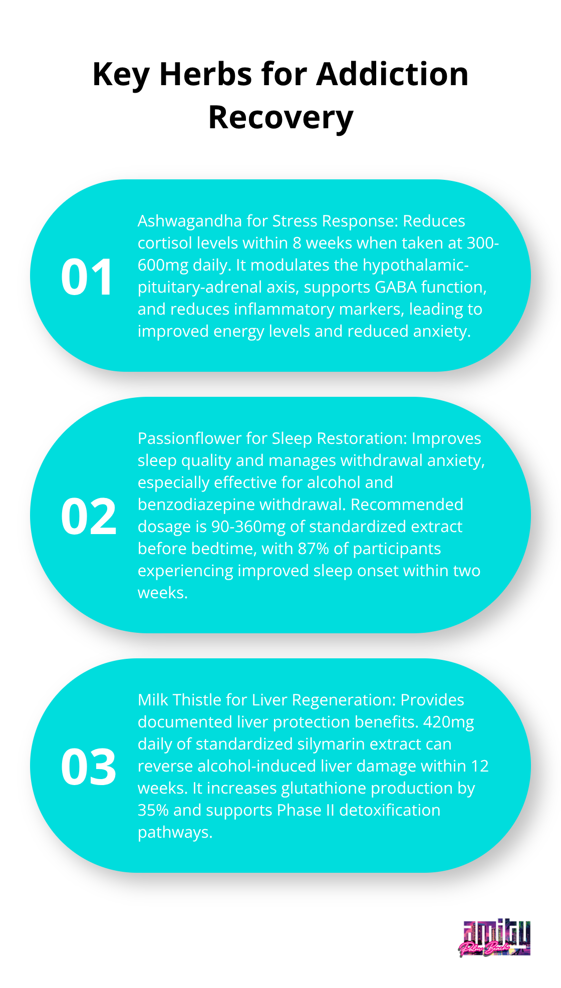 An ordered list chart highlighting three main herbs for addiction recovery: Ashwagandha, Passionflower, and Milk Thistle, along with their specific benefits.