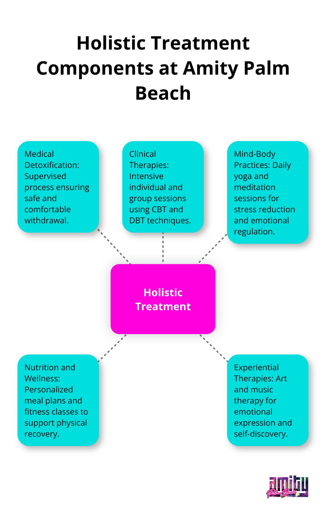 Hub and spoke diagram showing key components of holistic addiction treatment at Amity Palm Beach, including medical detox, therapy, mind-body practices, nutrition, and experiential therapies. - holistic addiction treatment Palm Beach
