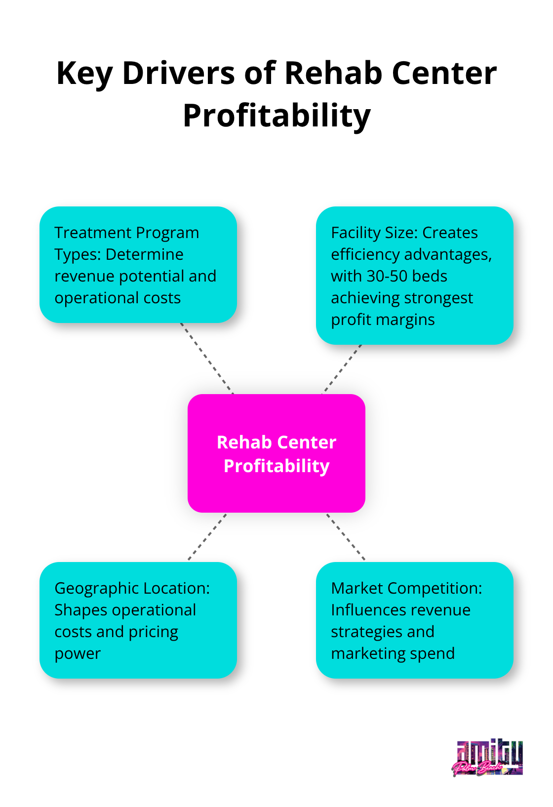 Hub and spoke chart showing four main factors driving rehab center profits: Treatment Program Types, Facility Size, Geographic Location, and Market Competition - how much money do rehab centers make