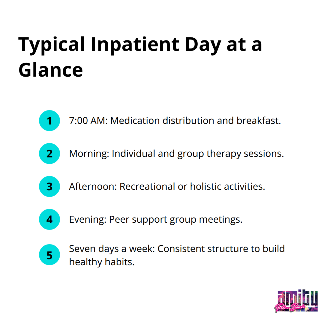 Compact timeline of a typical inpatient rehab day from morning to evening. - inpatient drug rehab definition