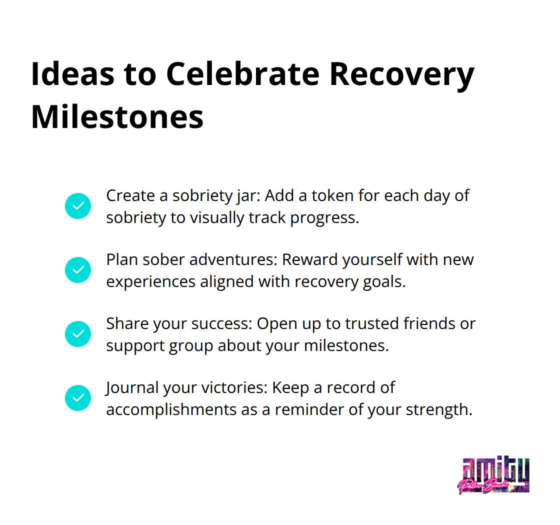 Checkmark list showing four ideas for celebrating progress and milestones in addiction recovery - recovery journey