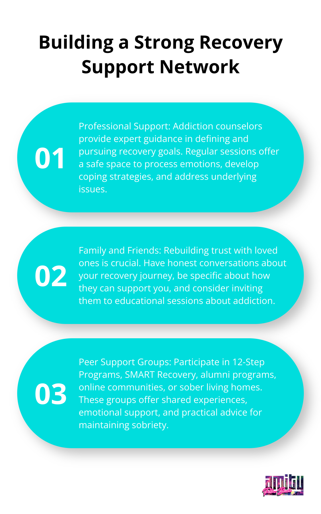 An ordered list chart showing three key components of a recovery support network: Professional Support, Family and Friends, and Peer Support Groups.