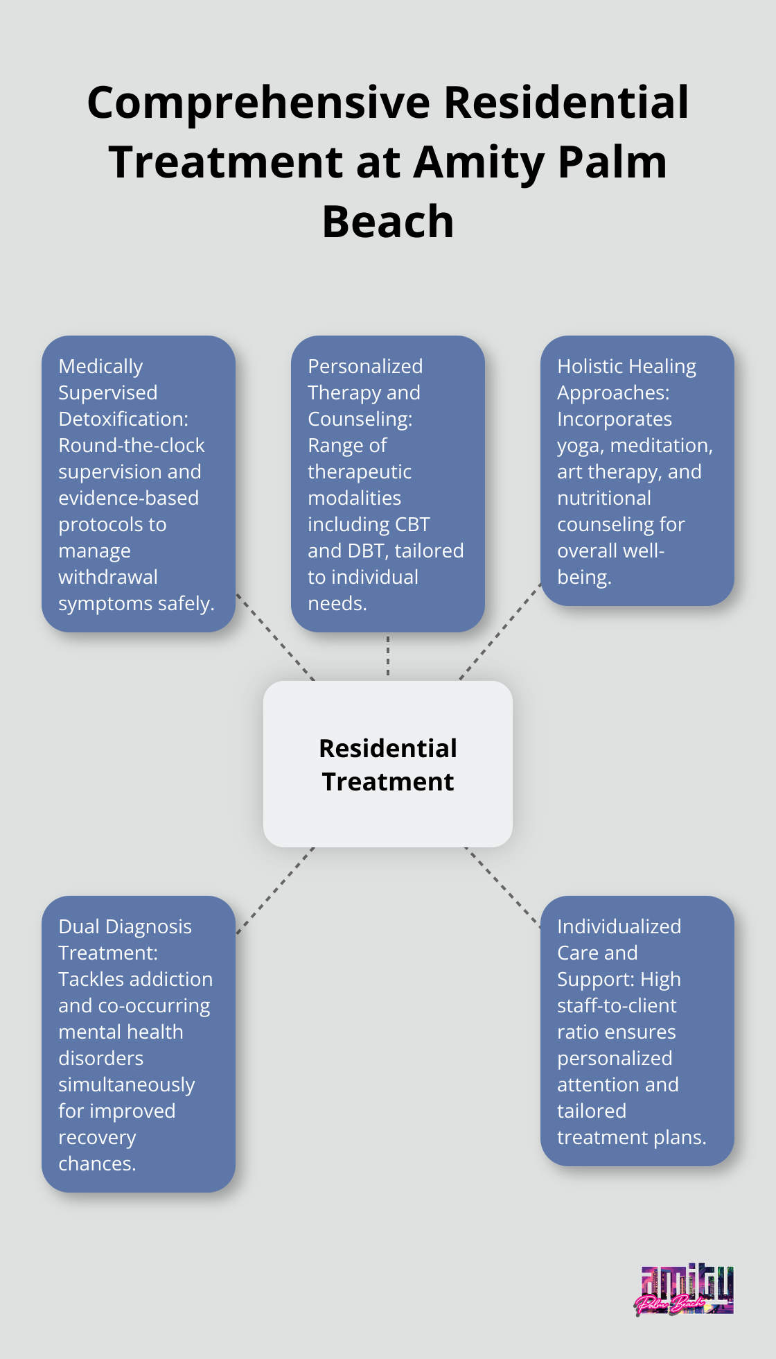 A hub and spoke chart showing the five key elements of Amity Palm Beach's residential treatment program: Medically Supervised Detoxification, Personalized Therapy and Counseling, Holistic Healing Approaches, Dual Diagnosis Treatment, and Individualized Care and Support. - residential treatment Boca Raton