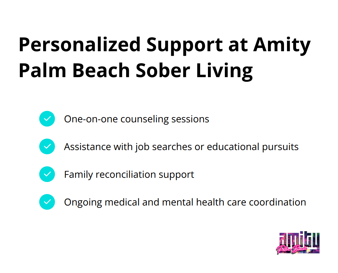 Checkmark list showing four types of personalized support offered: one-on-one counseling, job search assistance, family reconciliation support, and ongoing medical care coordination - sober living Delray Beach