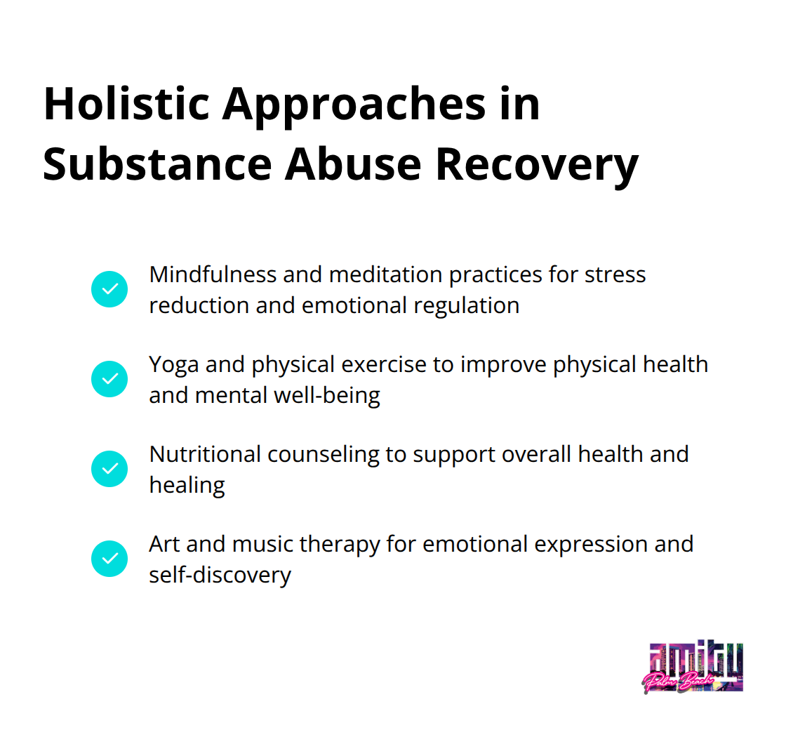 Checkmark list of holistic approaches to enhance well-being and support long-term recovery in substance abuse treatment