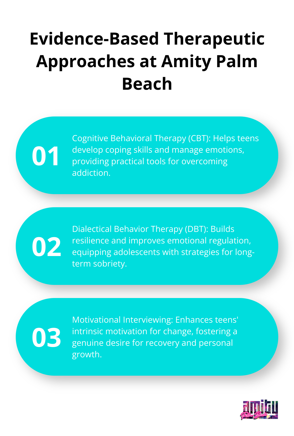 Chart listing three evidence-based therapeutic approaches used at Amity Palm Beach: Cognitive Behavioral Therapy, Dialectical Behavior Therapy, and Motivational Interviewing