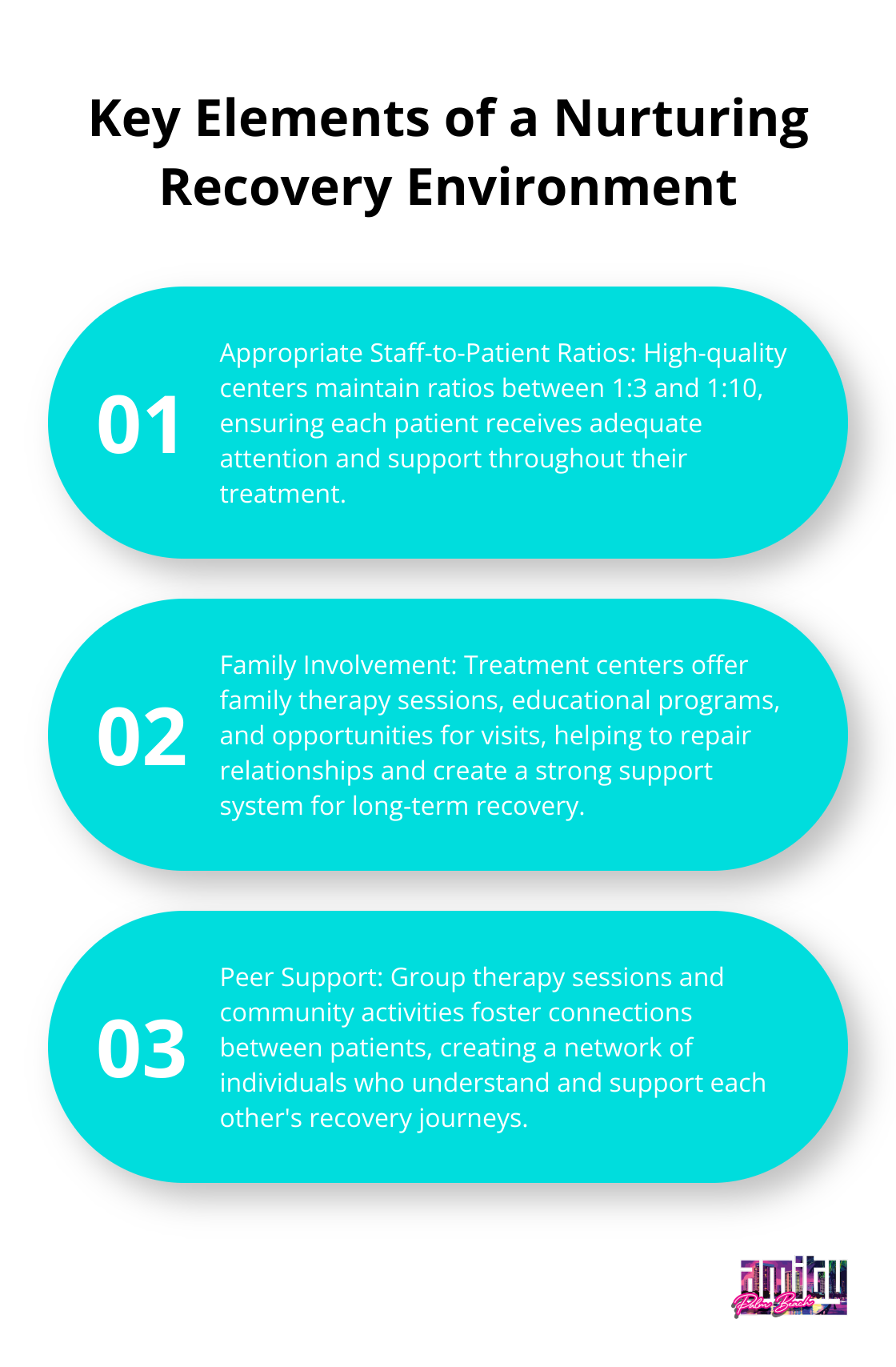Ordered list chart showing three key elements of a nurturing recovery environment: Appropriate Staff-to-Patient Ratios, Family Involvement, and Peer Support - treatment centers