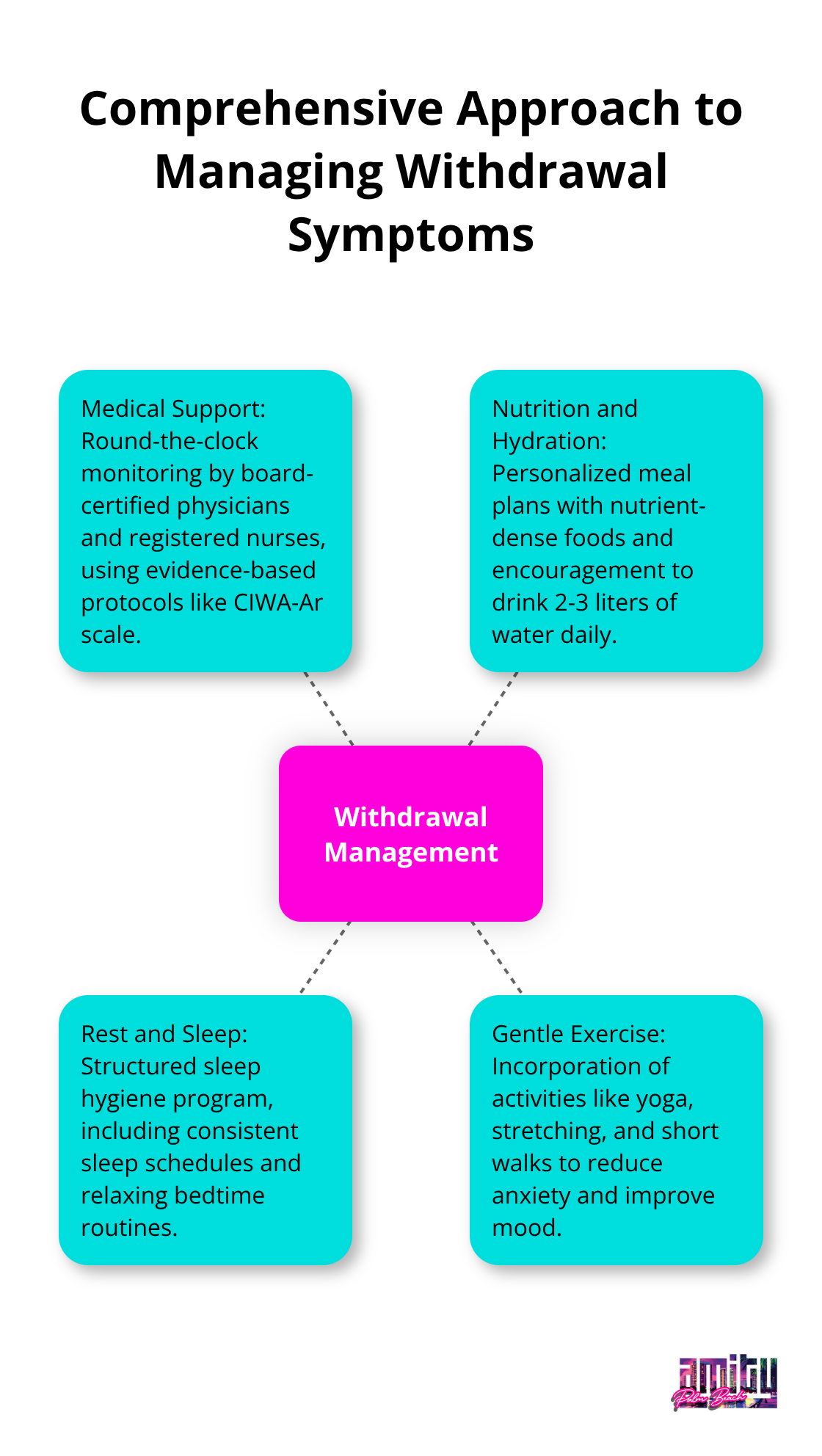 Hub and spoke chart illustrating Amity Palm Beach's comprehensive approach to managing withdrawal symptoms